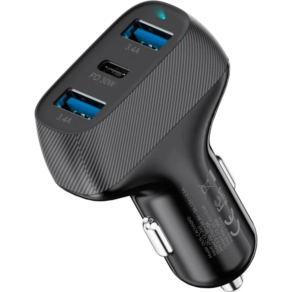 Cargador triple de auto 50W 2xUSB-A 1xUSB-C con cable 2en1 Dusted