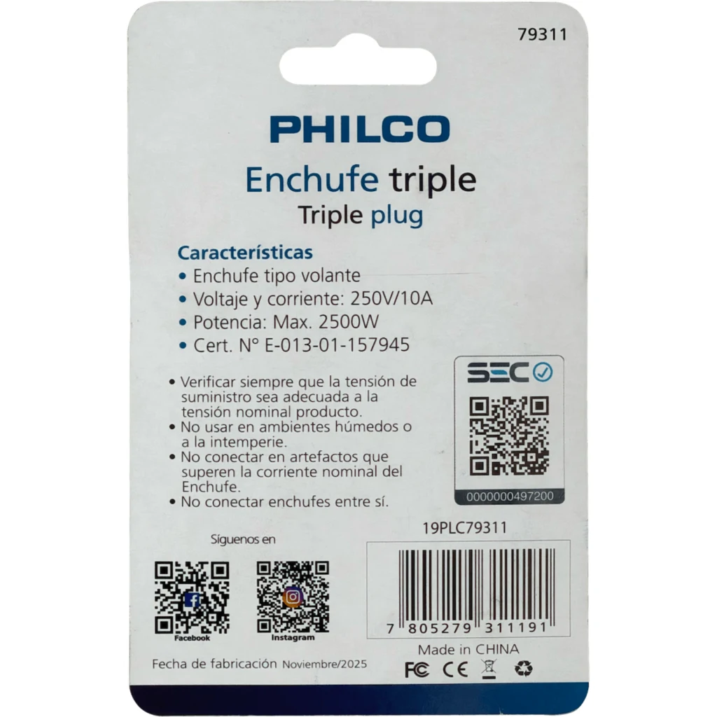 Imagen 3 de PHILCO Triple 10A 250V 1500W Enchufe