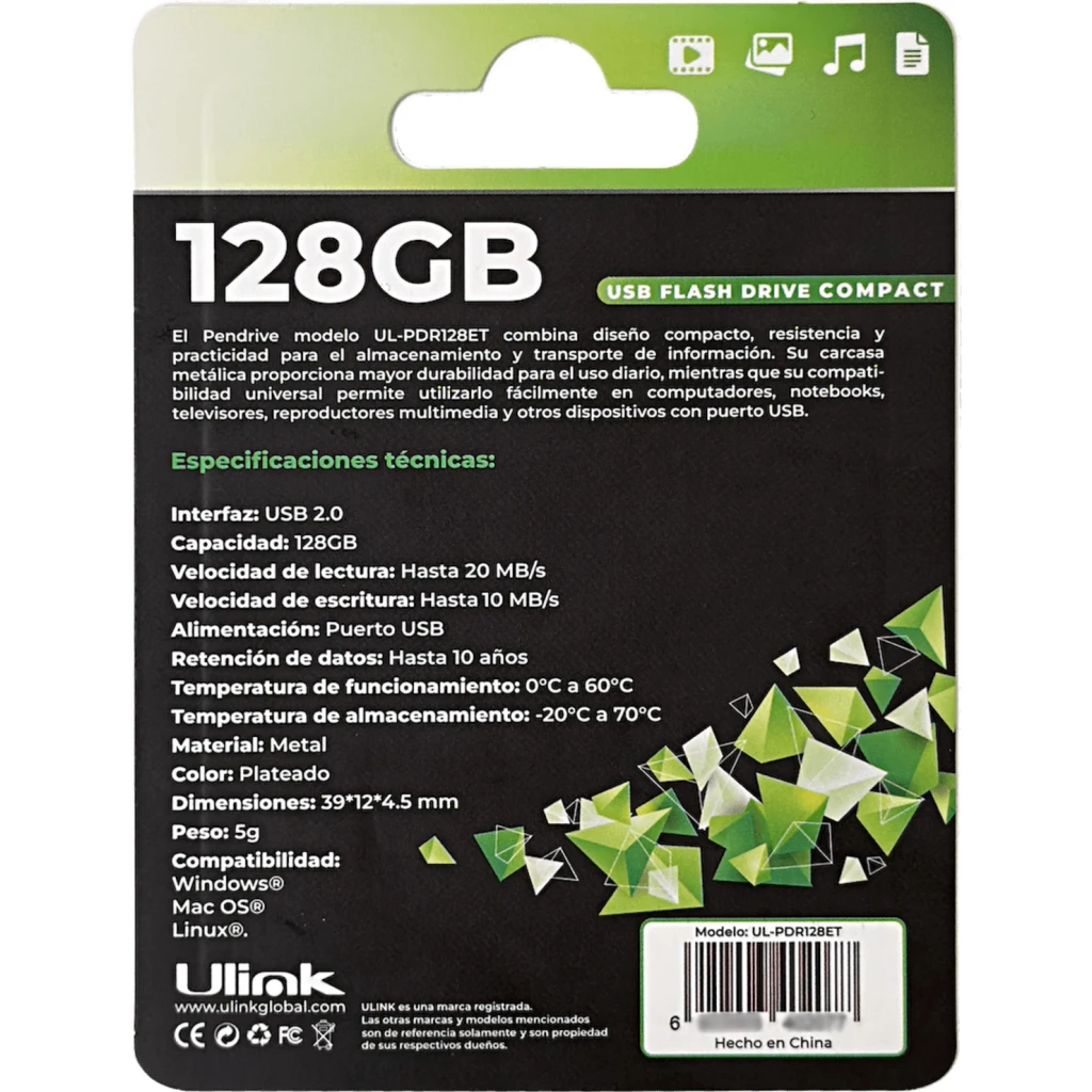 Imagen 1 de ULINK 128GB Pendrive USB Elite USB2.0 x39x12x5mm