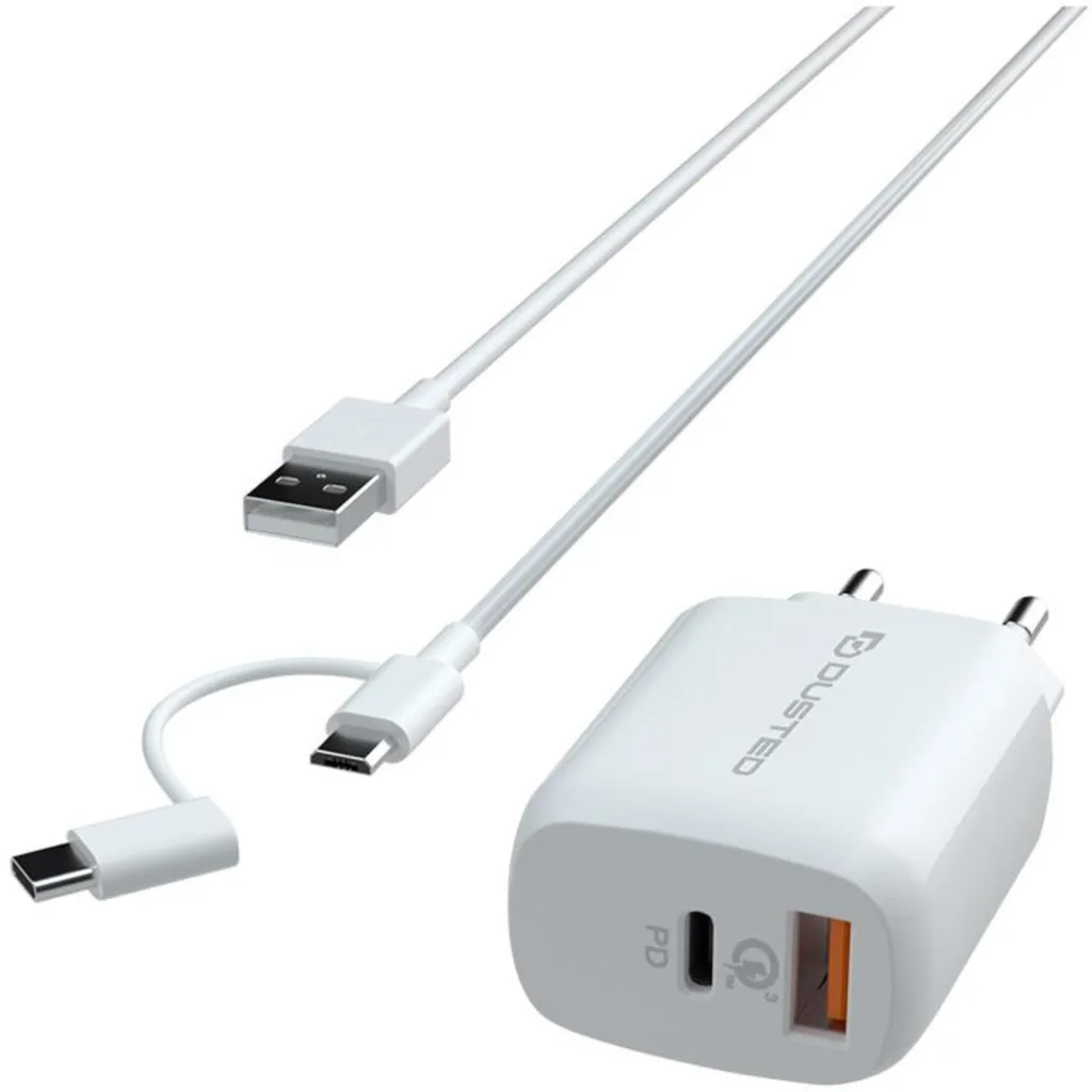 Cargador USB-C PD Carga rapida 20W para iPhone y iPad Dusted con Cable 2en1 Blanco