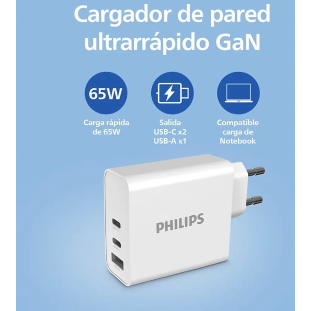 Imagen 2 de PHILIPS CARGADOR RAPIDO 65W USB Cx2 + 1USB / DLP2683/55PHILIPS CARGADOR RAPIDO 65W USB Cx2 + 1USB /