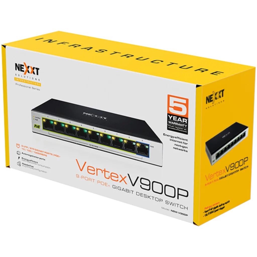 Imagen 4 de Switch Gigabit Nexxt Vertex V900P 9 Puertos PoE+, Escritorio, 120W 10/100/1000Mb