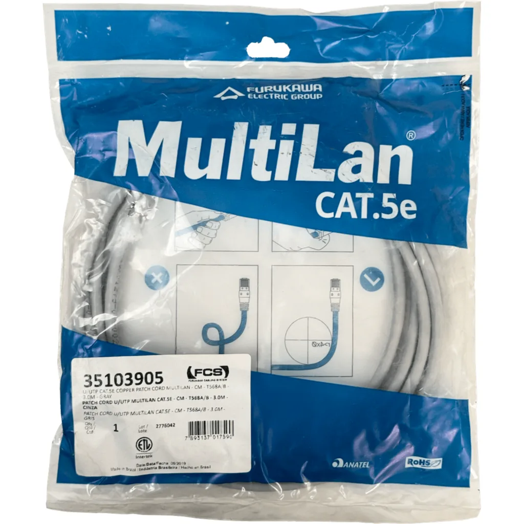 Imagen 1 de FURUKAWA 3mt Cat5e Gris U/UTP CM Cable Patch RJ45 Multilan 35103905