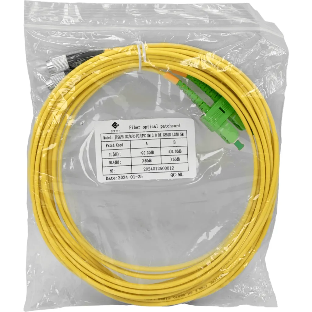 5mt SC/APC-FC/UPC MonoModo SM Duplex Jumper Cable Fibra 9/125um 3mm