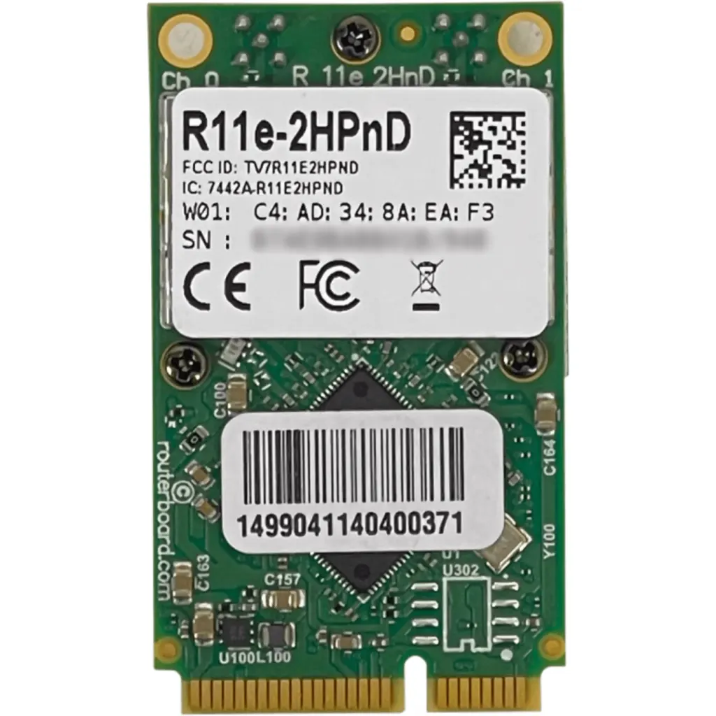 Imagen 1 de Tarjeta miniPCIe Wi-Fi 2.4GHz 802.11b/g/n de alta potencia, dual chain, ideal para enlaces inalámbricos y soluciones RouterBOARD compatibles.