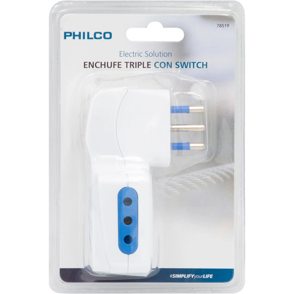 Imagen 2 de Enchufe Ttriple Philco 78519, 2P+T 10A 250V c/Switch  Color blalnco