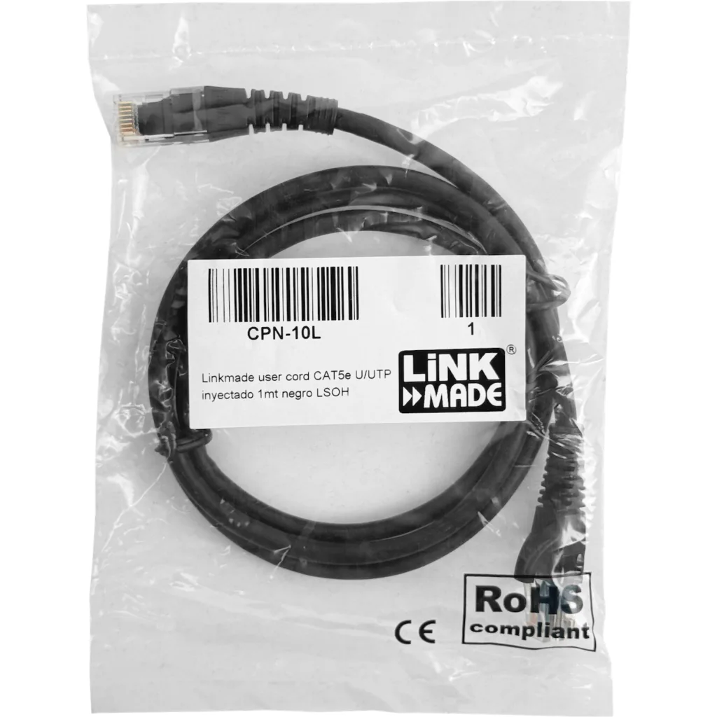 Cable de Red Linkmade Cat5e LSZH Inyectado Unifilar 1 Metro Volor Negro