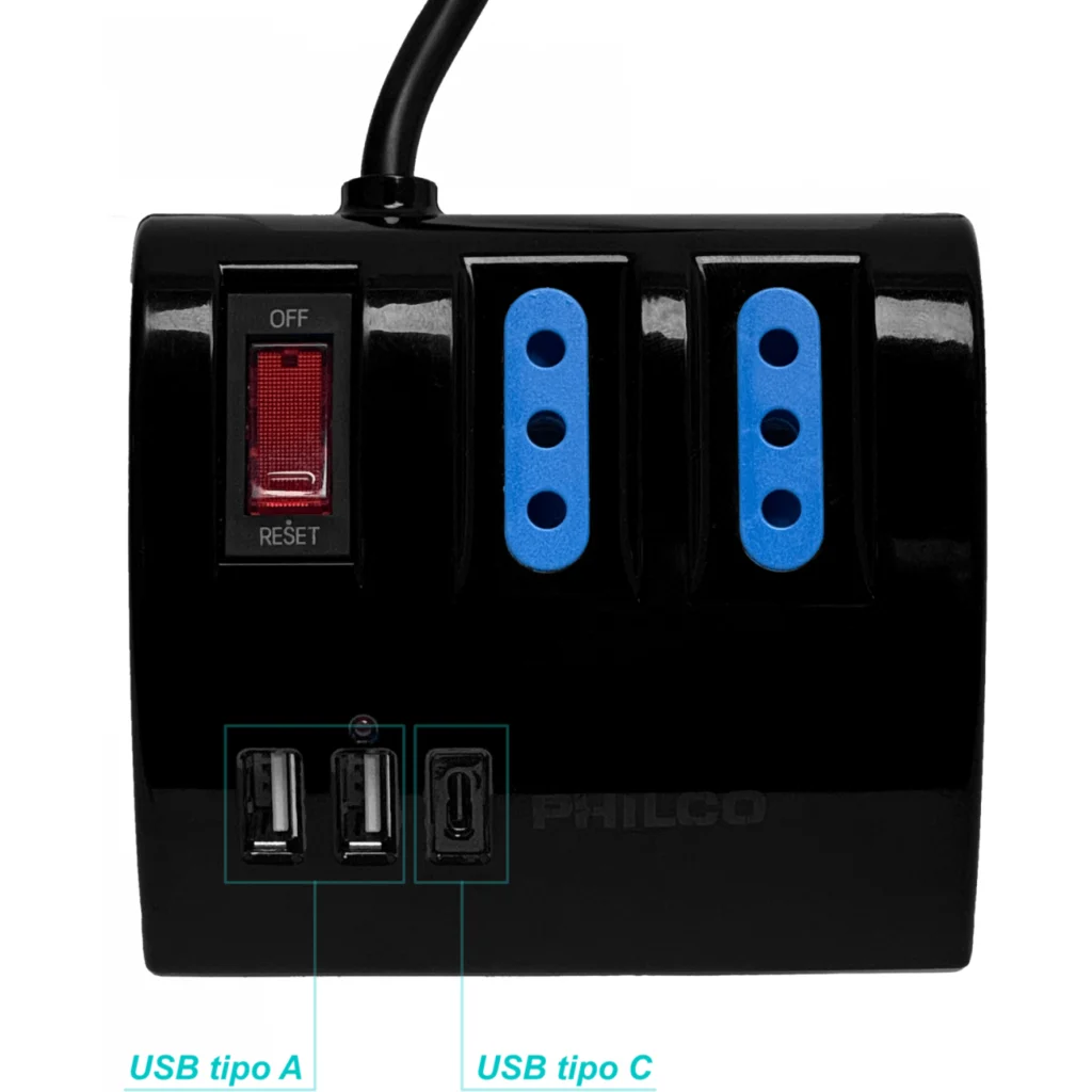 Imagen 2 de Alargador Eléctrico 3 Tomas + 2*USB 1*USB-C 1.5mts Color Negro - Philco 2044N