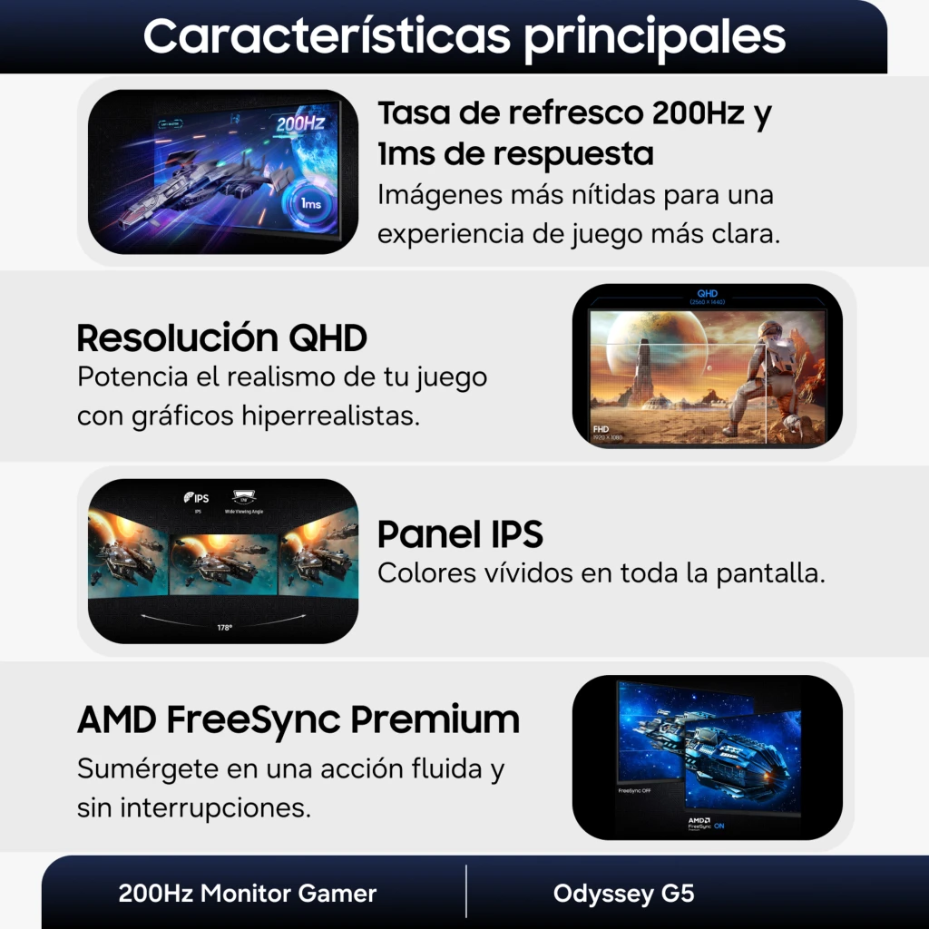 Imagen 6 de Monitor Gamer Samsung Odyssey G5 G53F 27" QHD IPS 200Hz 1ms FreeSync Premium