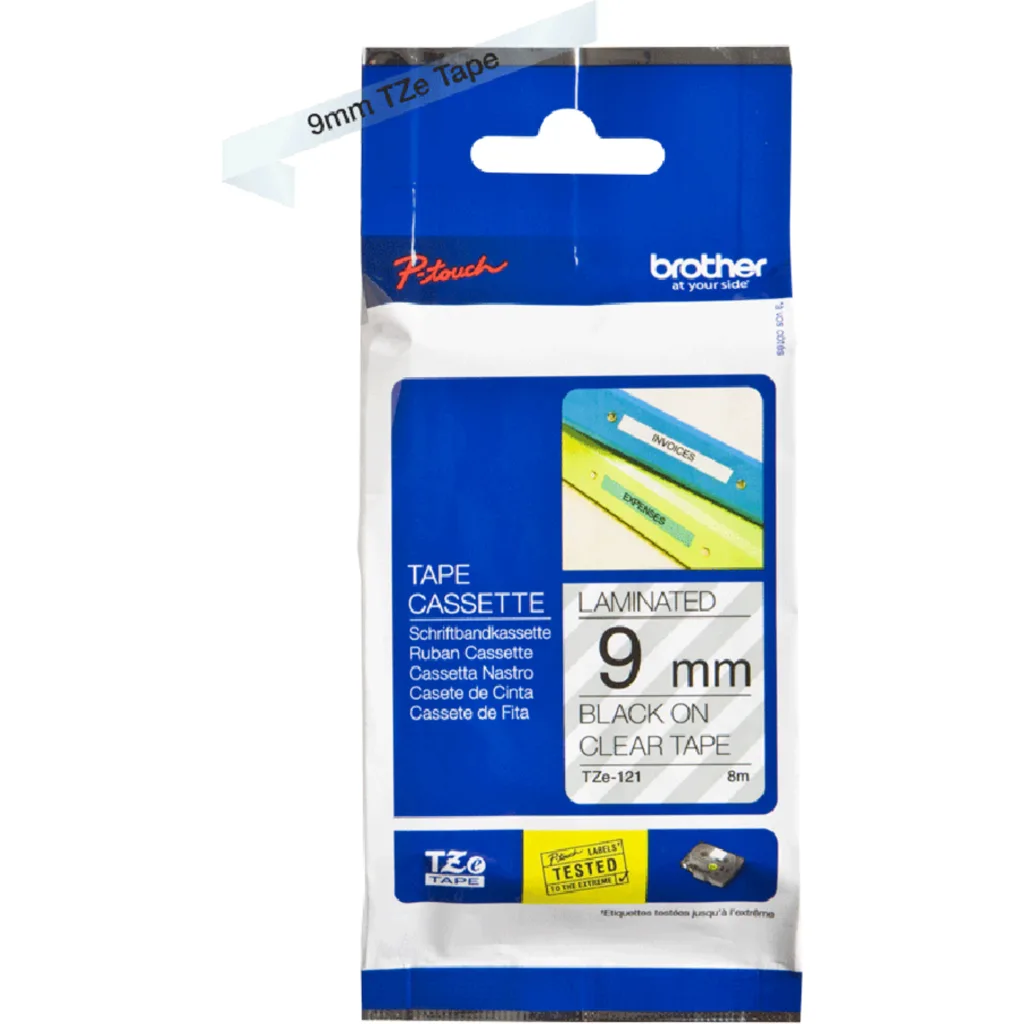 Imagen 2 de Cinta Brother TZE-121 Texto negro sobre fondo transparente 9mmx8mt PT-3600/9700