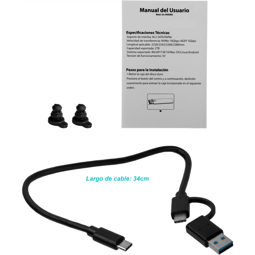 Cofre Porta SSD M.2 Genérico USBC-M2, para M.2 NVMe, Incly. Cable USB-C M/M