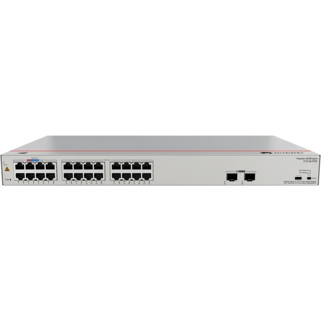 S110-24LP2SR. Switch Huawei eKit 24 puertos PoE+ 10/100/1000Base-T 2 Puertos 1GE SFP capacidad de conmutación de 52 Gbit/s capacidad de reenvió de paquetes de 38.69 Mpps