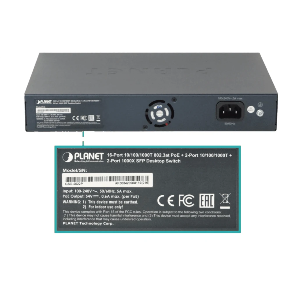Imagen 2 de Switch PLANET 18-1000(16-PoE+af/at) 185W-tot 2-SFP Switch Rack19p 20-puertos