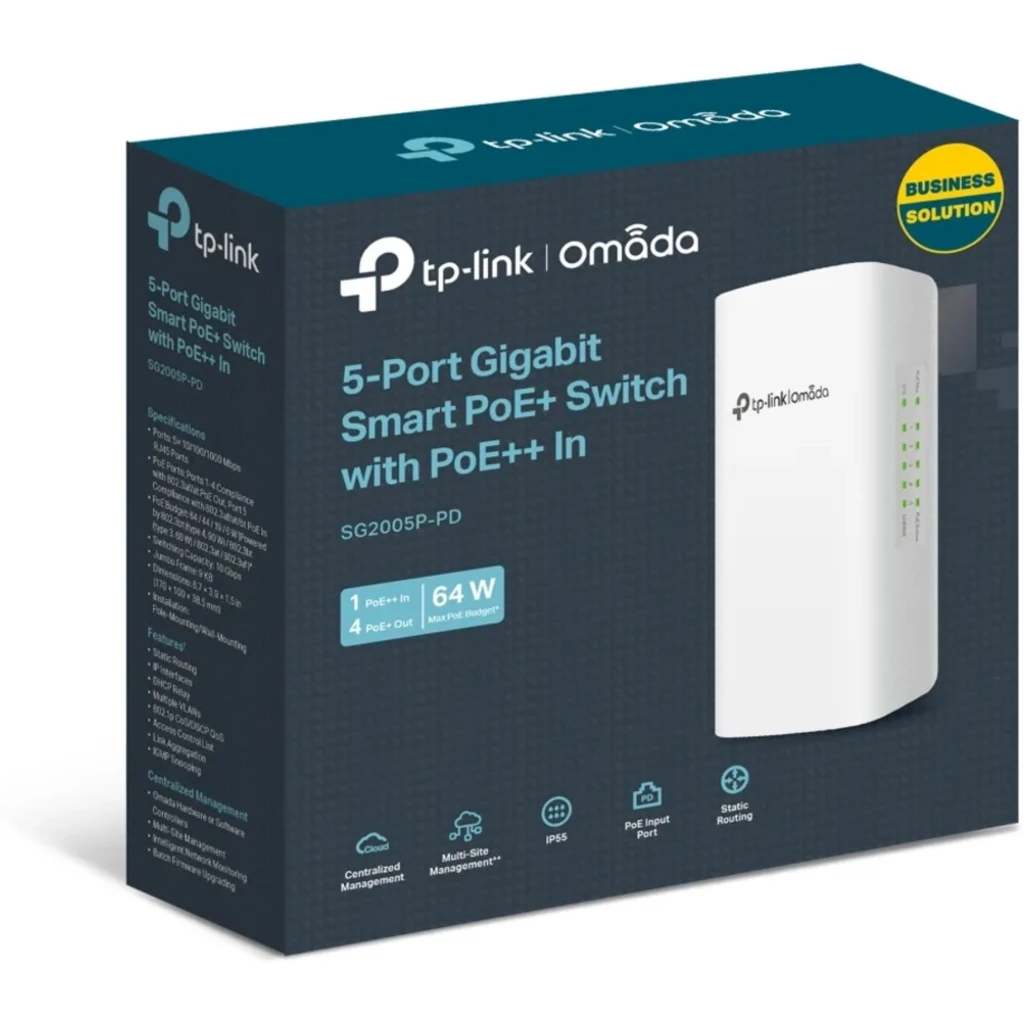Switch TP-Link SG2005P-PD Omada, 5 Puertos, 1 PoE++ In y 4 PoE+ Out IP55 
