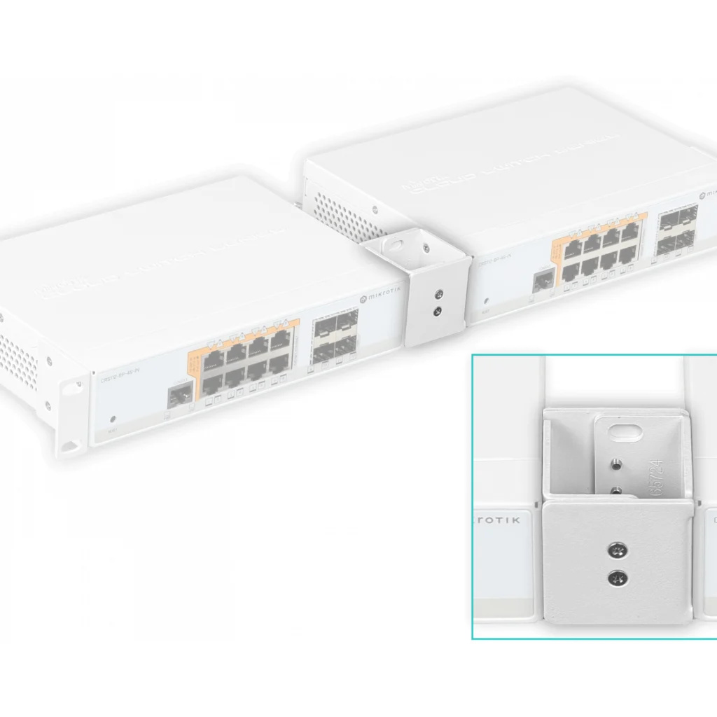 Imagen 2 de Kit de montaje rack MikroTik 2 en 1 para instalar dos equipos compatibles en rack de 10 pulgadas. Ordena y profesionaliza la instalación.