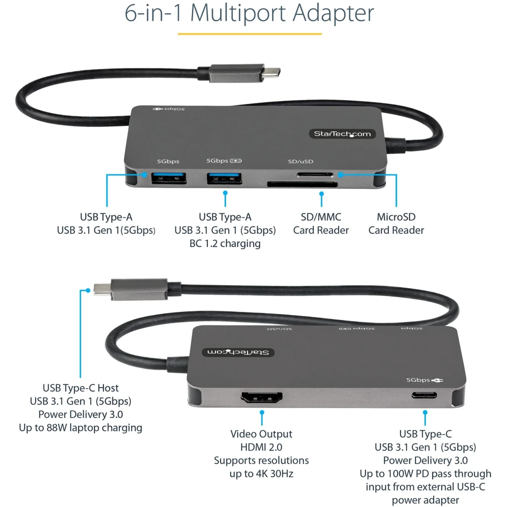 Imagen 1 de Docking Station StarTech USB-C a Prts HDMI 2*USB-A 3.1 USB-C SD/MMC mSD