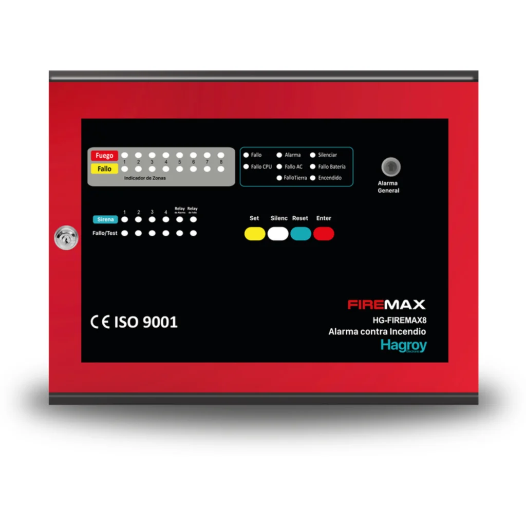 Panel Incendio HAGROY HG-FIREMAX8 Convencional 8 Zonas y 4 Salidas NAC Certifica