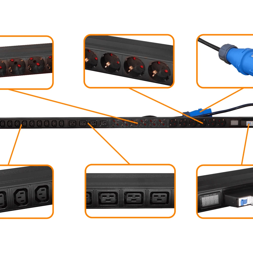 Imagen 2 de PDU Vertical 32A 8000W 12-C13 4-C19 12-Schuko/6-IH Mide/Volt-Amp 1x32A