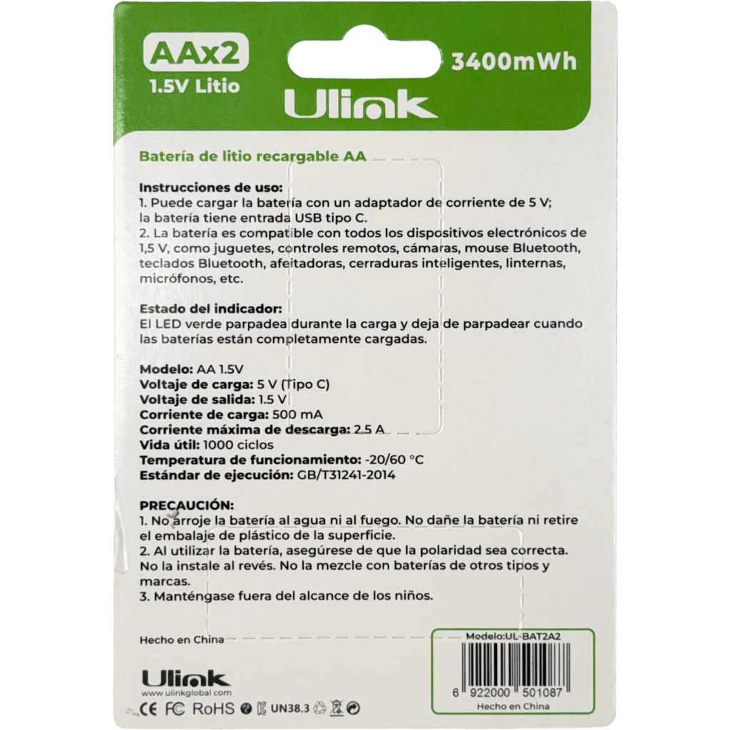 Imagen 4 de Pack Pilas Recargables Ulink, 2*AA 3400mWh 1,5V Li-ion USB-C incluye Cable