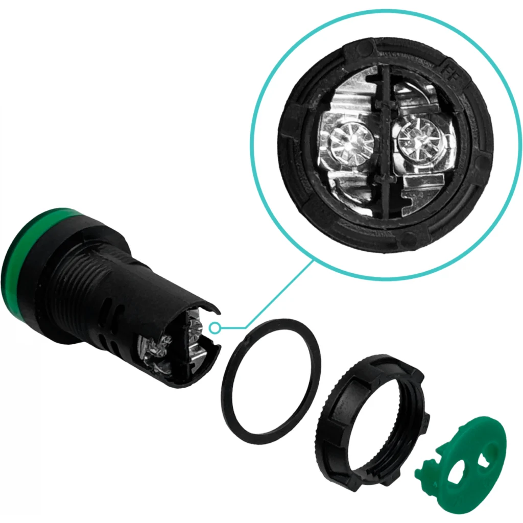 Verde Luz Piloto LED 220VAC 20mm-diametro 28mm-cabeza 51mm-altura