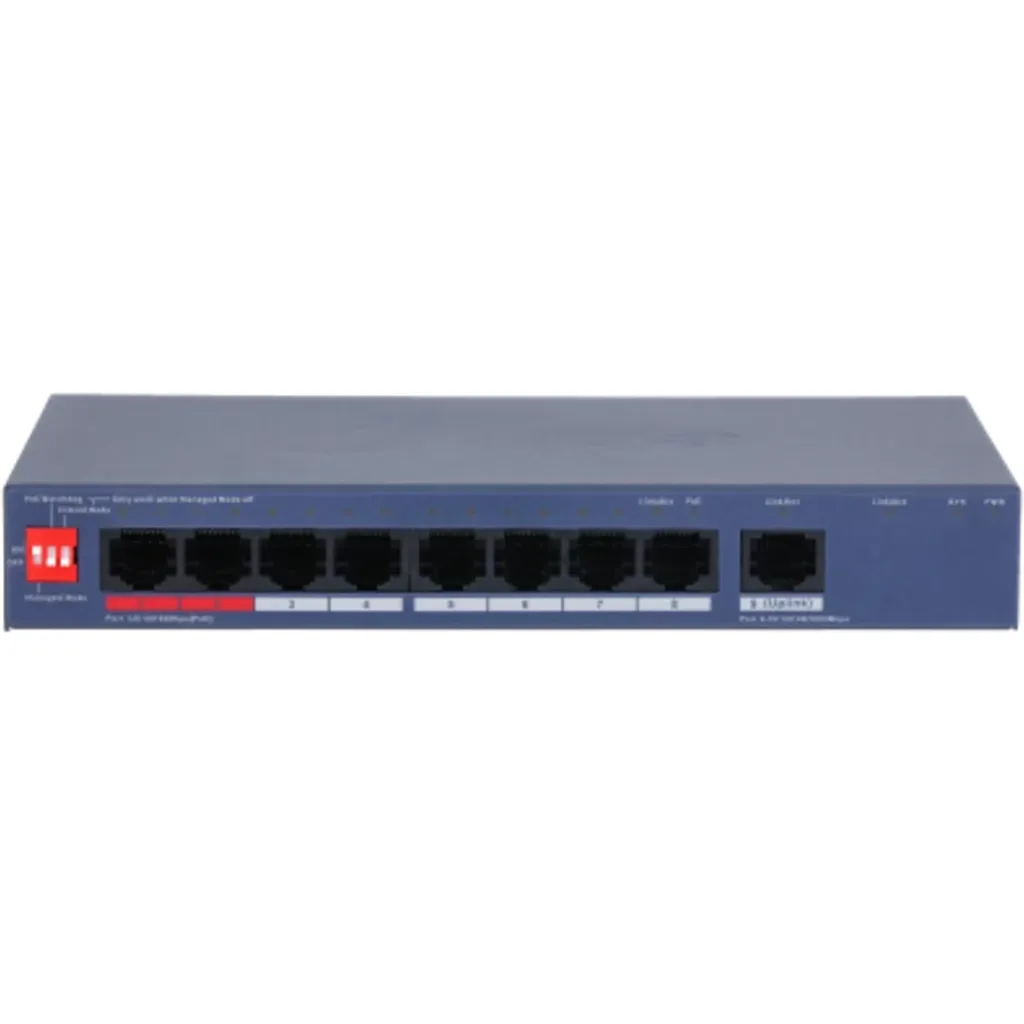 DH-CS4009-8ET1GT-110. Switch PoE Dahua, 8 puertos 10/100M y 1 puertos Uplink 1000, Total de potencia 110W, Soporta distancia hasta 250M.