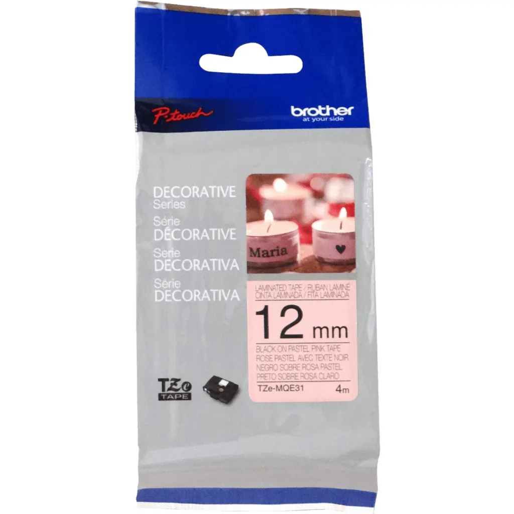 BROTHER 12mm Negro en Fondo Rosa Pastel Cinta 4mt p/PT-H110/E110/H200