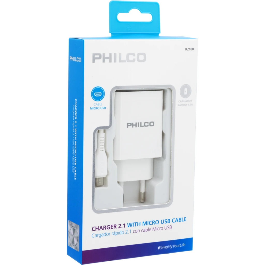 Imagen 2 de CARG. DE PARED 2.1 A DOBLE USB C/CABLE MICRO R2100 BLANCO