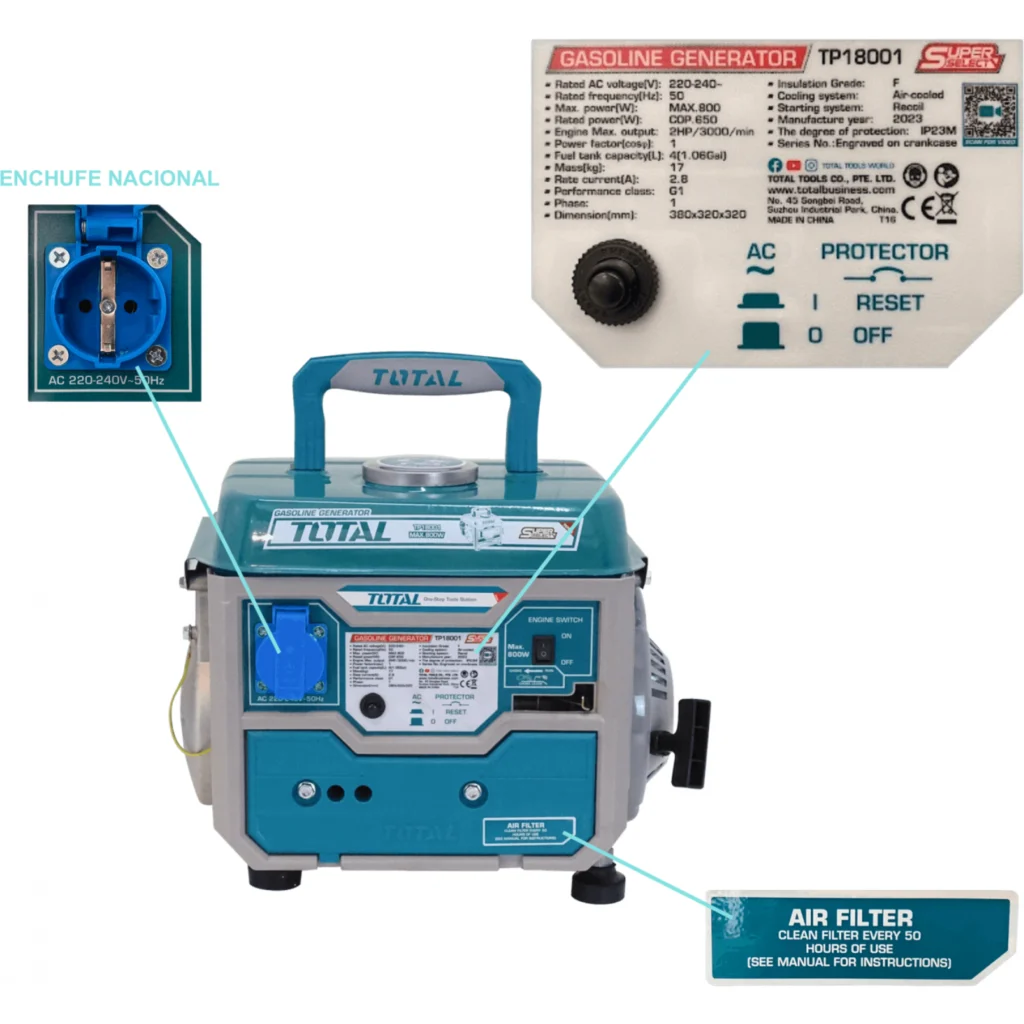 TOTAL 800W Generador Manual Bencinero 3000rpm Tanque-4Lt 220-240VAC