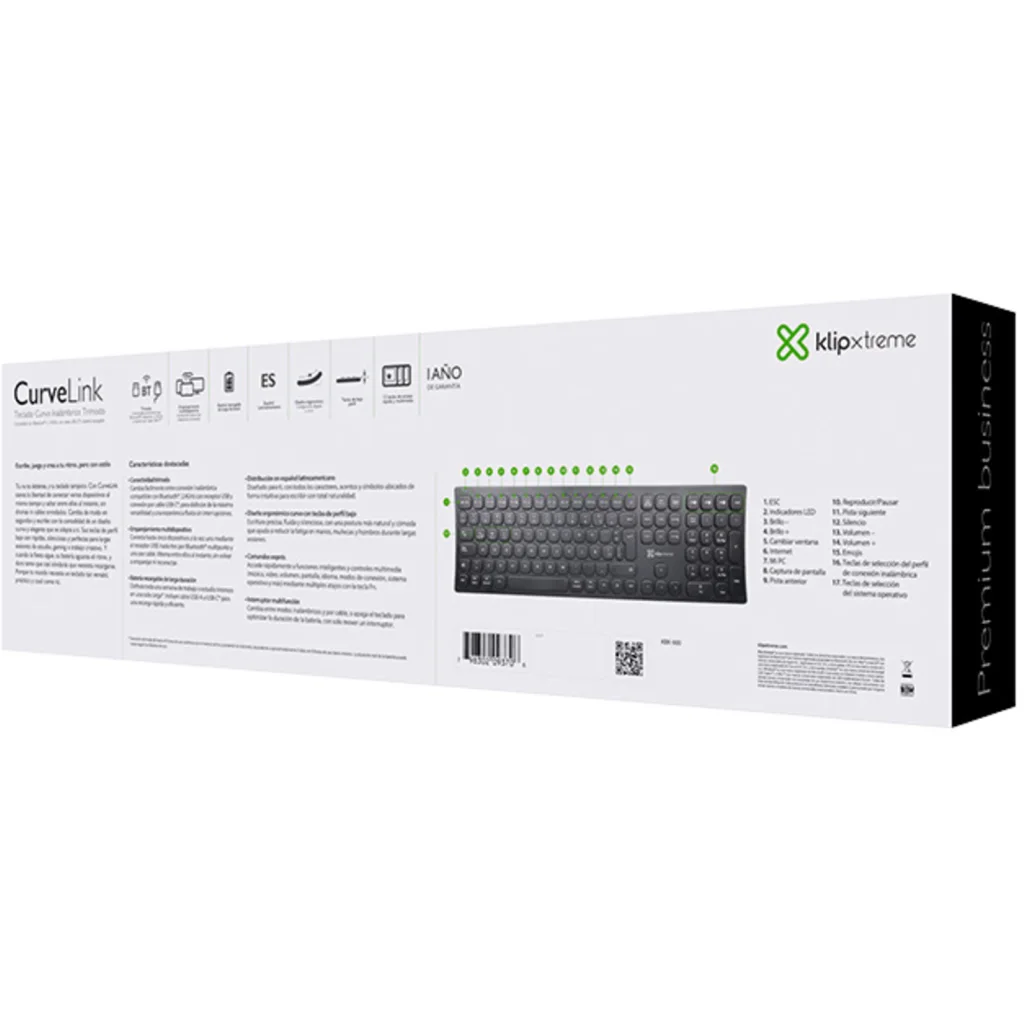 Imagen 10 de Klip Xtreme - Keyboard - Wireless - Spanish (Latin American) - Bluetooth / 2.4 GHz / USB-C - Ergonomic Design - Black - Curve