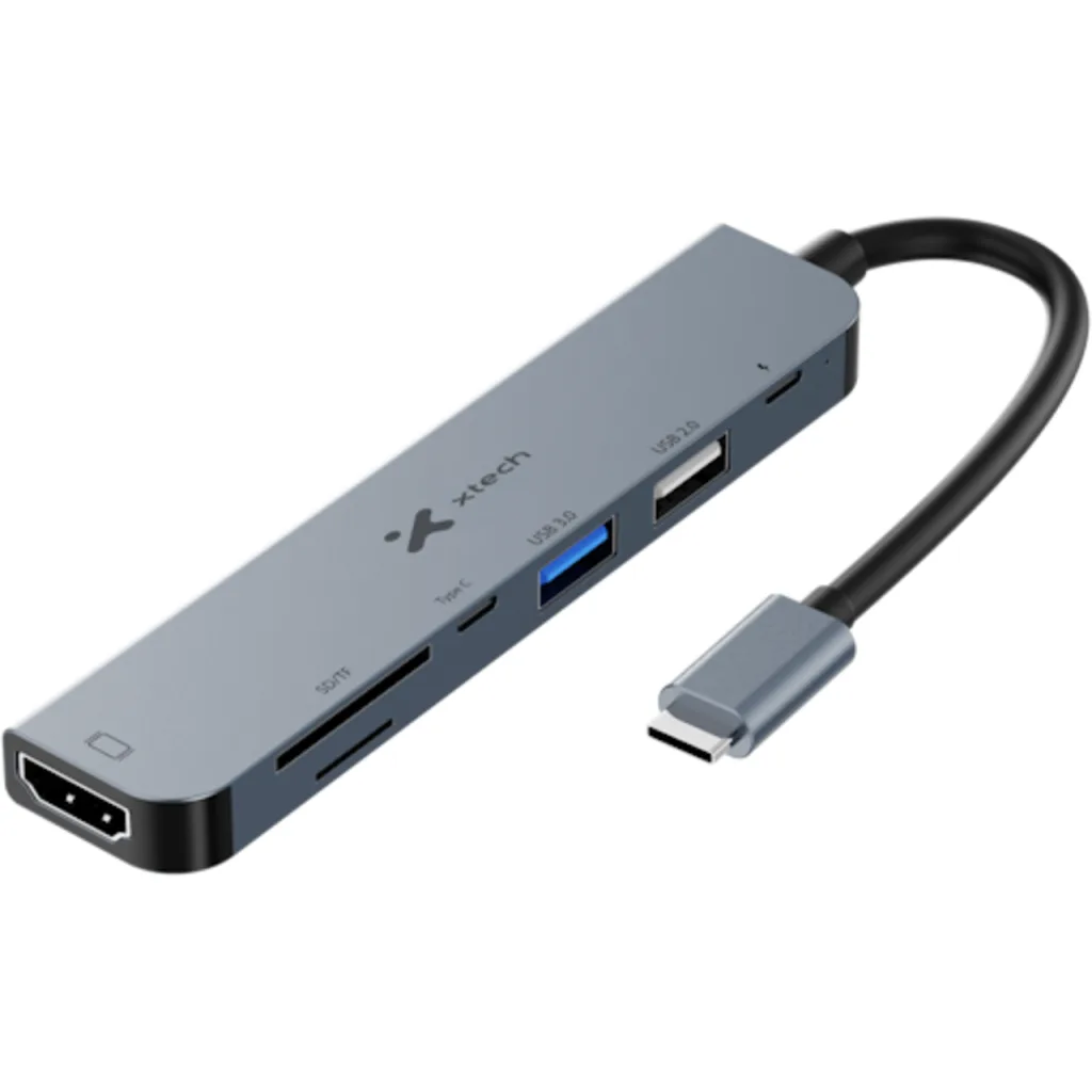 Adaptador Multipuertos Xtech, 7en1 USB-C a HDMI SD/TF USB2.0 USB3.0 2*USB-C