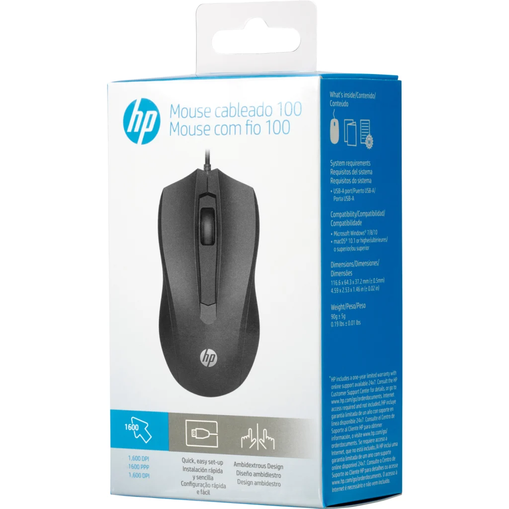 Imagen 2 de Mouse Alámbrico HP Wired 100, óptico 1600dpi 3 botones Ambidiestro USB Negro