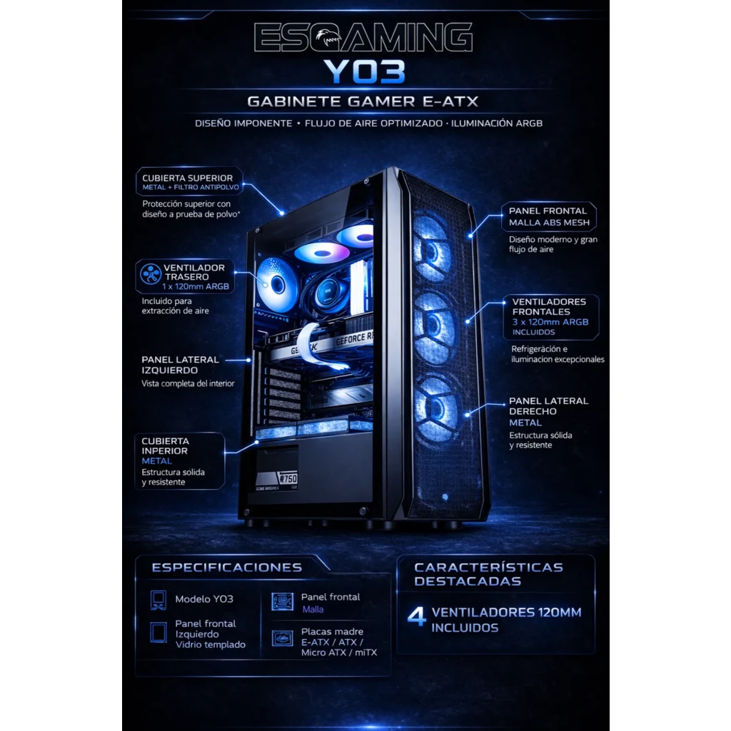 Imagen 3 de Gabinete Gamer EsGaming Y03, MediaTorre 2*USB2.0 USB3.0 4*FAN ARGB V.Temp. Negro