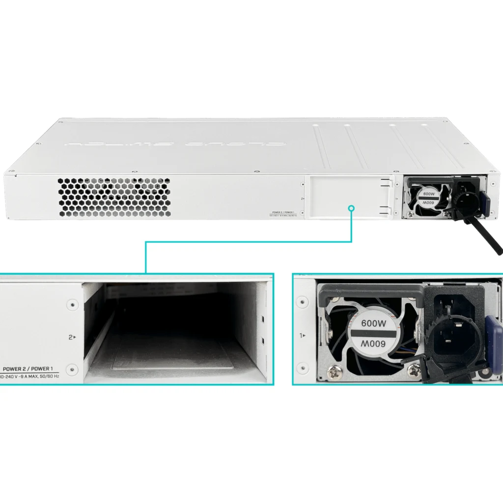 Imagen 2 de MIKROTIK Cloud Router Switch Swap IEC type AC power supply, 636W, which accepts 100-240 V ⏦ (~ 50/60 Hz 11 A max)