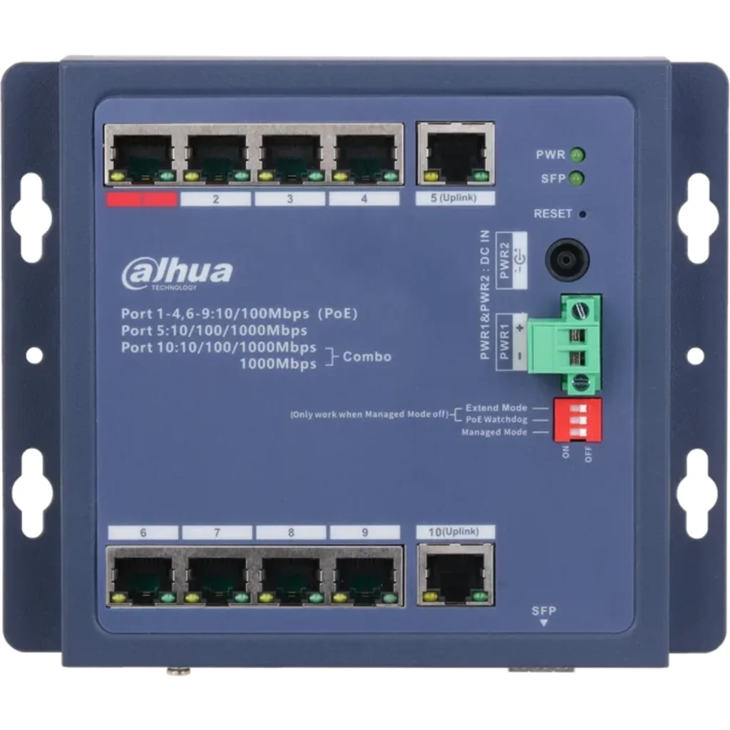Switch Dahua Formato Industrial, 8 Puertos Poe 10/100 + 2 uplink 1000 + 1SFP 