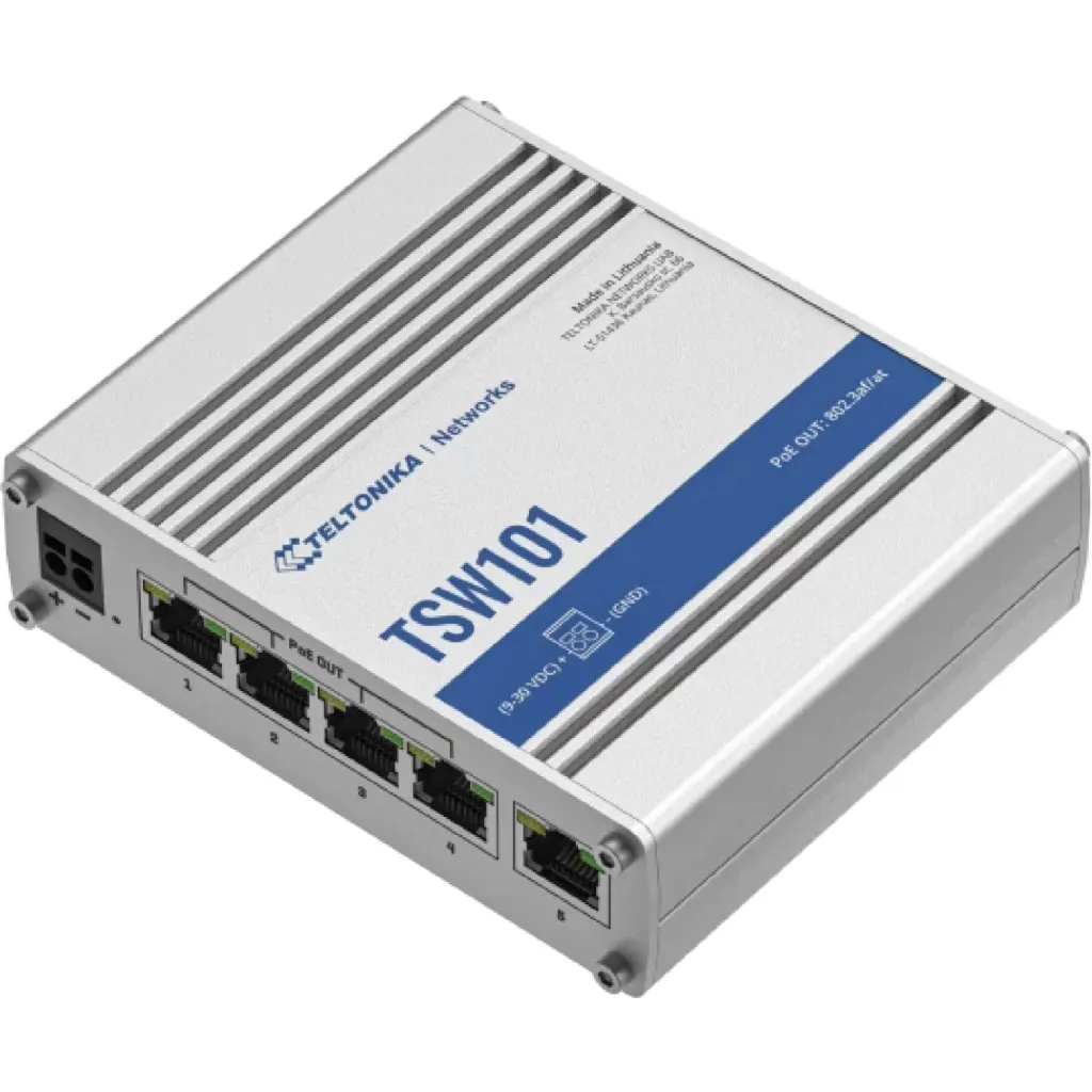 Imagen 1 de Switch Teltonika TSW101, 5x Gigabit, 4 PoE+, 9-30 VDC, Carcasa Metálica