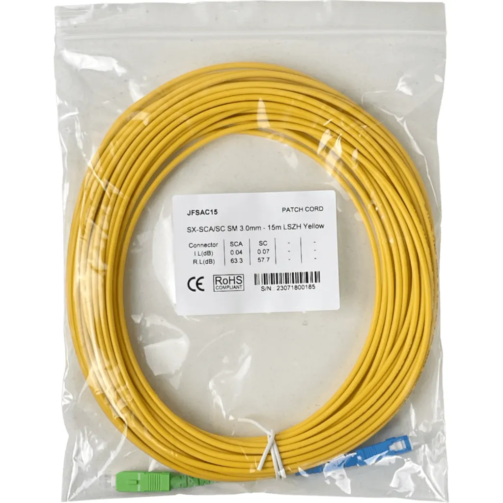 15mt SC/APC-SC/UPC MonoModo SM Simplex Jumper Cable Fibra 3mm 9/125um