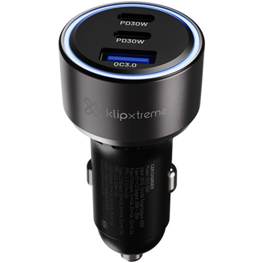 Imagen 1 de Klip Xtreme KCC-060 - Car power adapter - 60 Watt - 2 x 24 pin USB-C / 9 pin USB Type A - Cellular phone / Tablet - Car - Para Smartphones, tablets, small devices