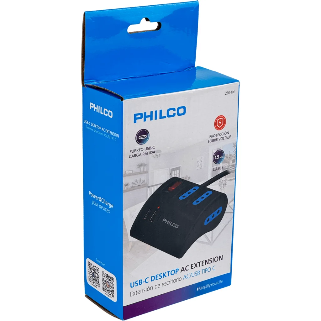 Imagen 1 de Alargador Eléctrico 3 Tomas + 2*USB 1*USB-C 1.5mts Color Negro - Philco 2044N