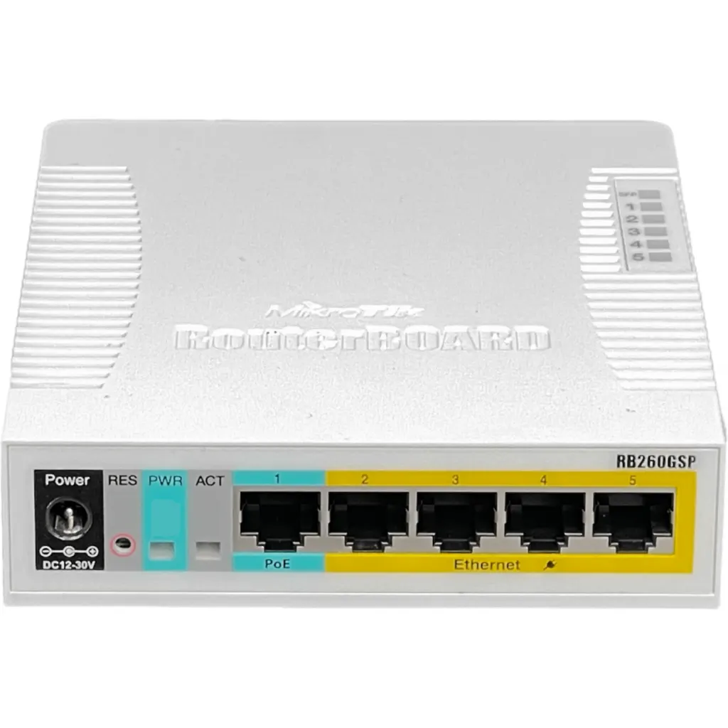 Imagen 3 de Switch Mikrotik RB260GSP, 5x Ethernet 10/100/1000 4-PoE/9-28VDC 1-SFP SwOS VLAN
