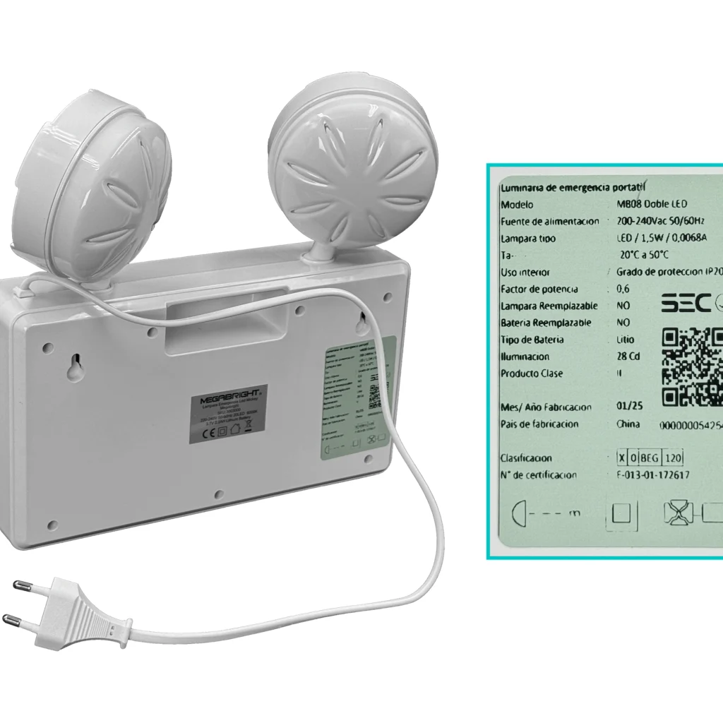 Imagen 3 de MEGABRIGHT 2-LED Luz Emergencia Bateria interna recargable 220VAC IP20