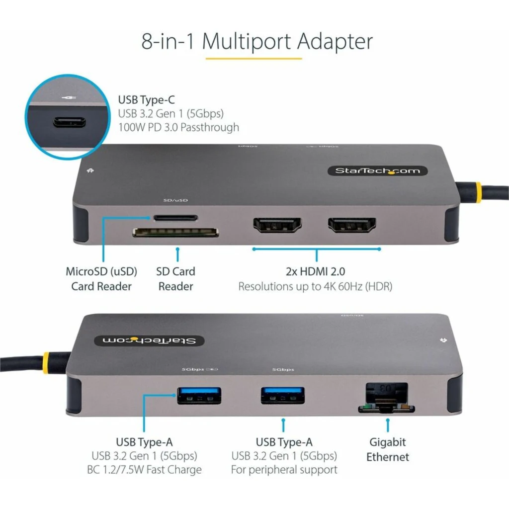 Imagen 1 de Docking Station StarTech USB C a 2*HDMI 4K 60Hz USB-C 2*USB-A3.2 LAN mSD/SD Gris