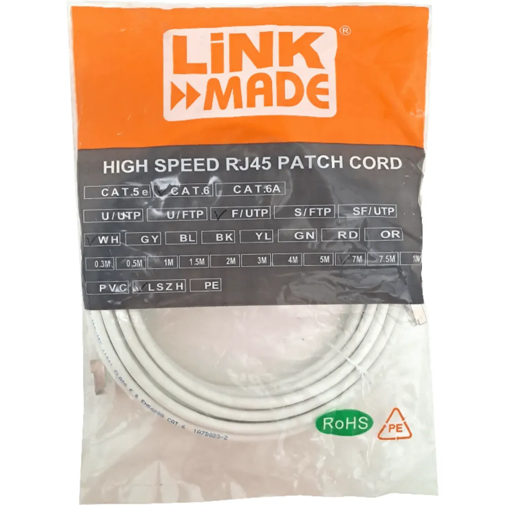 LINKMADE 7MT F/UTP CAT6 BLANCO LSZH CABLE PATCH MULTIFILAR INYECTADO
