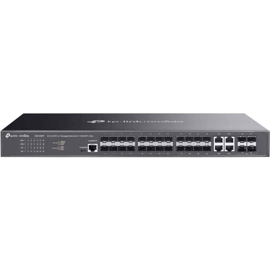 SG3428XF. Switch Omada con 24 puertos SFP 4 puertos SFP+ capacidad de switching de 128Gbps