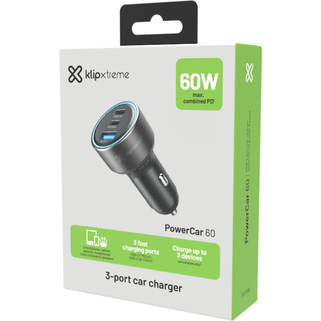 Imagen 9 de Klip Xtreme KCC-060 - Car power adapter - 60 Watt - 2 x 24 pin USB-C / 9 pin USB Type A - Cellular phone / Tablet - Car - Para Smartphones, tablets, small devices