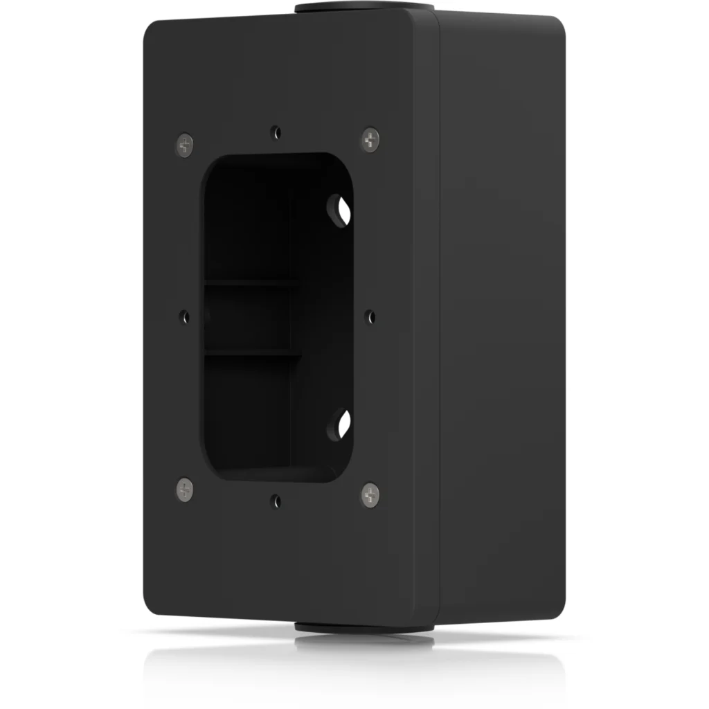 "UniFi Caja de conexiones para lectores UniFi Access y visores de intercomunicación que admiten montaje en superficie plana y fijación a conductos de 3/4""."