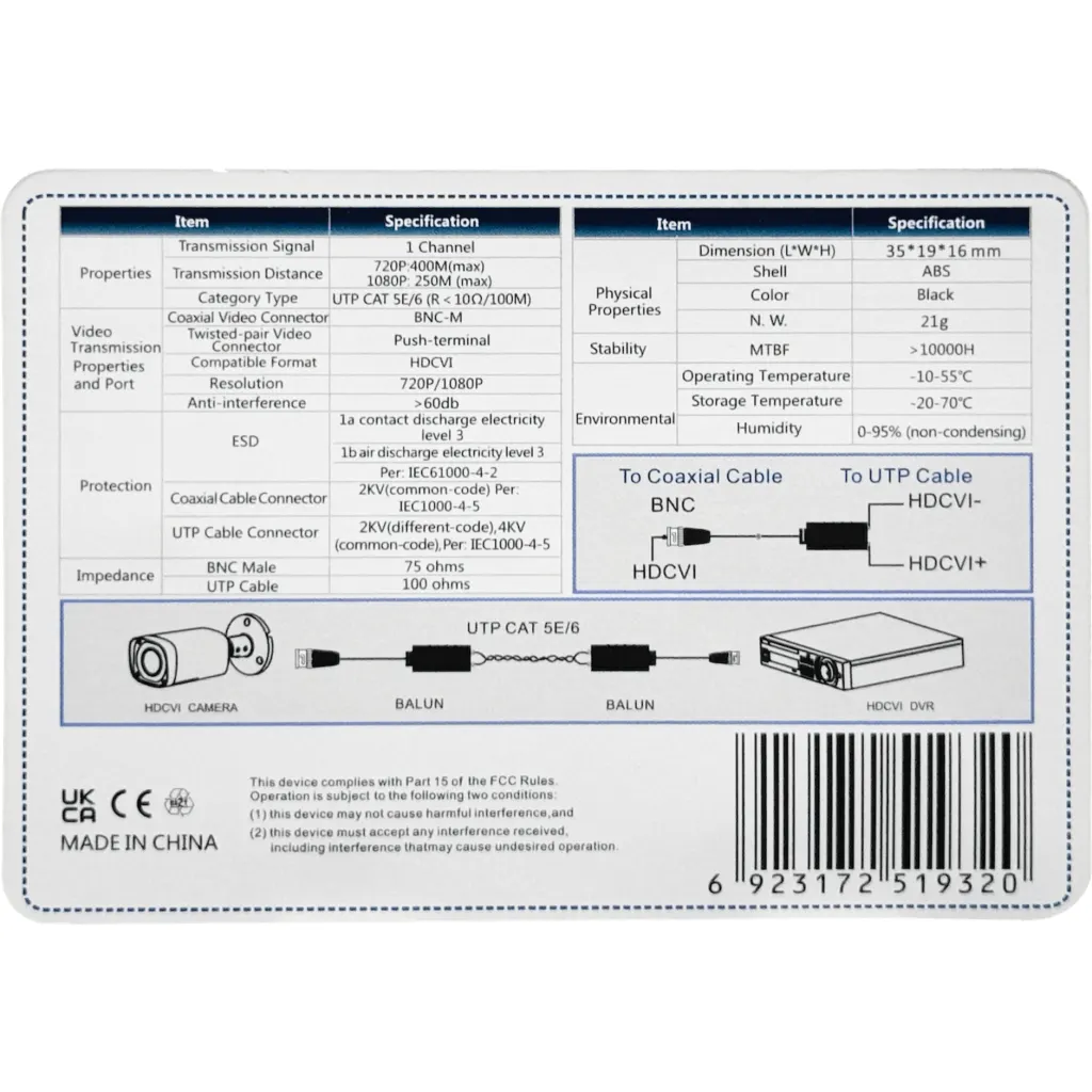 Imagen 1 de DAHUA 2MP Video Balun 1-Par Pin-Push CAT5E/6 Pasivo CCTV BNC-Macho