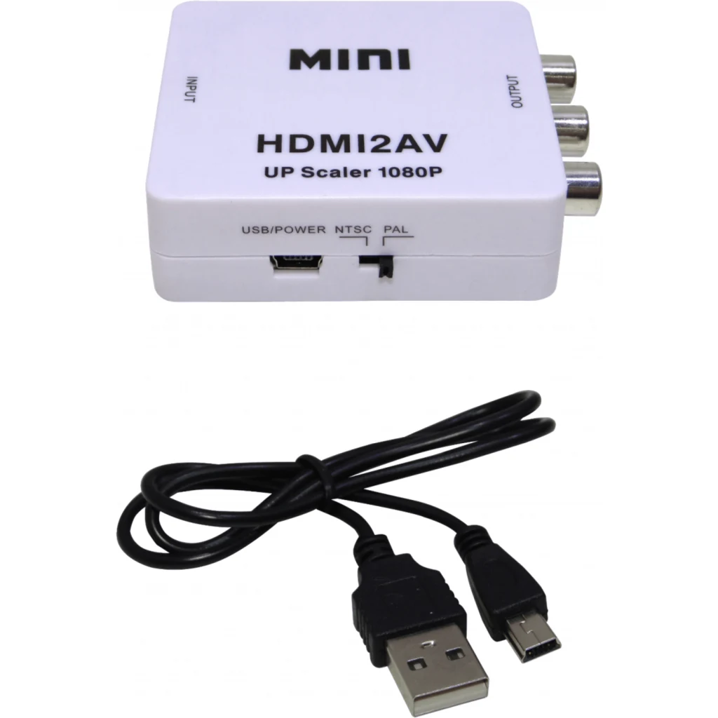 1-HDMI-in 3-RCA-H-out PAL/NTSC Convertidor Video 1080p req-5V-USB