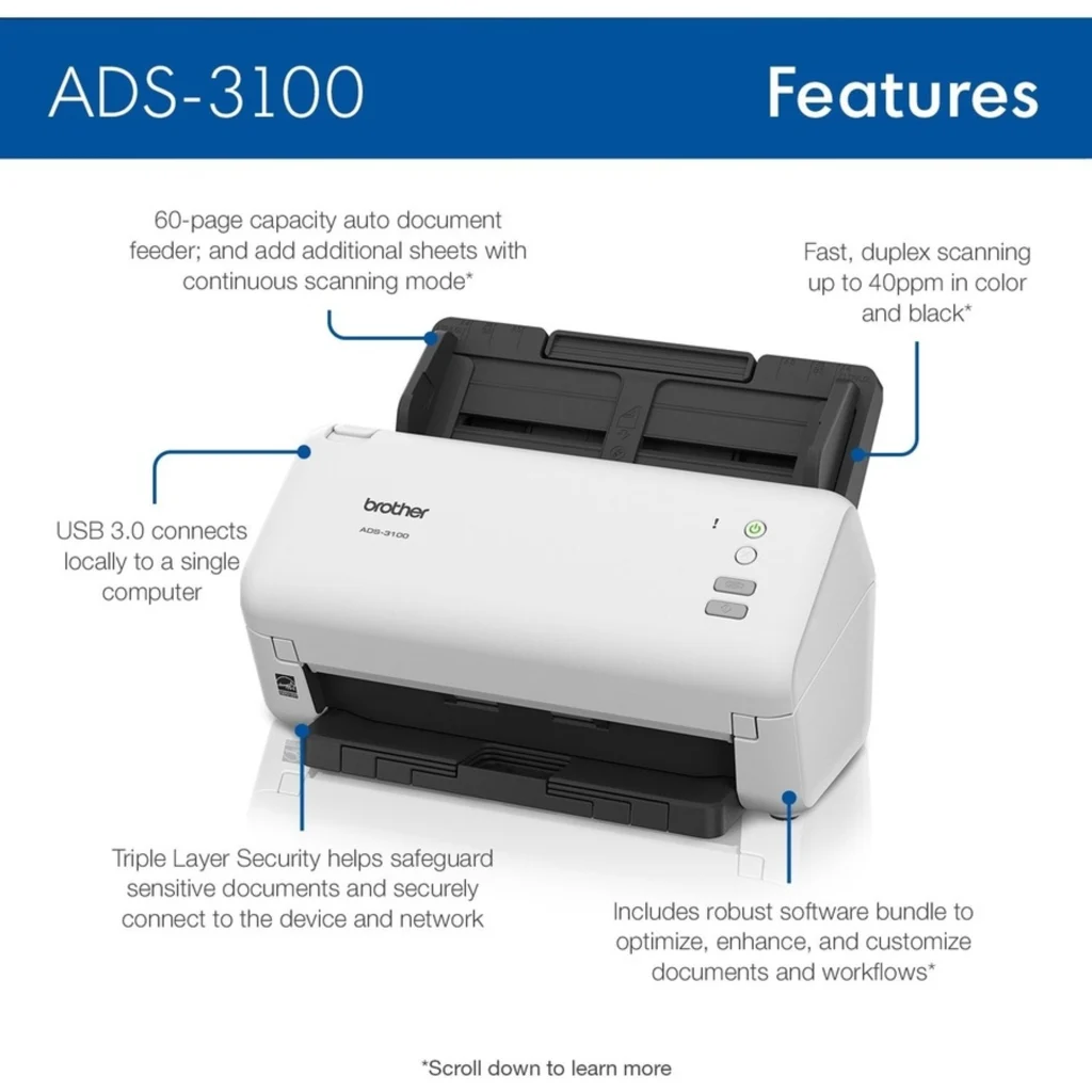 Imagen 7 de Escáner de Escritorio Brother ADS-3100 Dual 40/80ipm 600x600 ppp USB 3.0 ADF