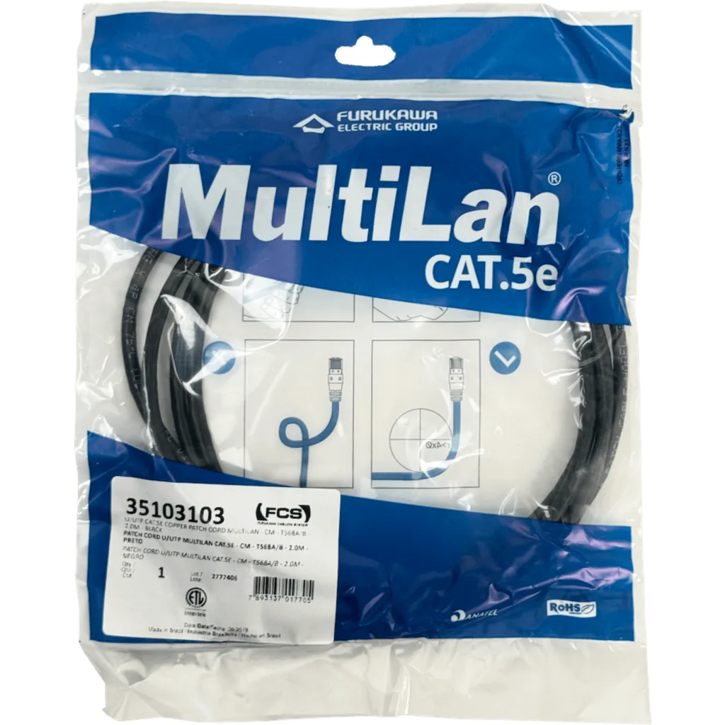 Imagen 2 de FURUKAWA 2mt Cat5e Negro U/UTP CM Cable Patch RJ45 Multilan 35103103
