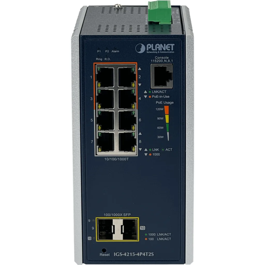 Imagen 6 de PLANET 8-1000(4PoE-at) 2-SFP 144W-tot RielDIN Switch Industrial 4P4T2S